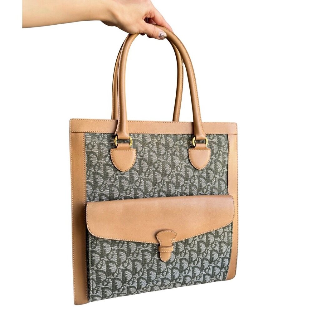 Christian Dior Vintage Trotter Pocket Tote Diorissimo Canvas Medium Brown Green